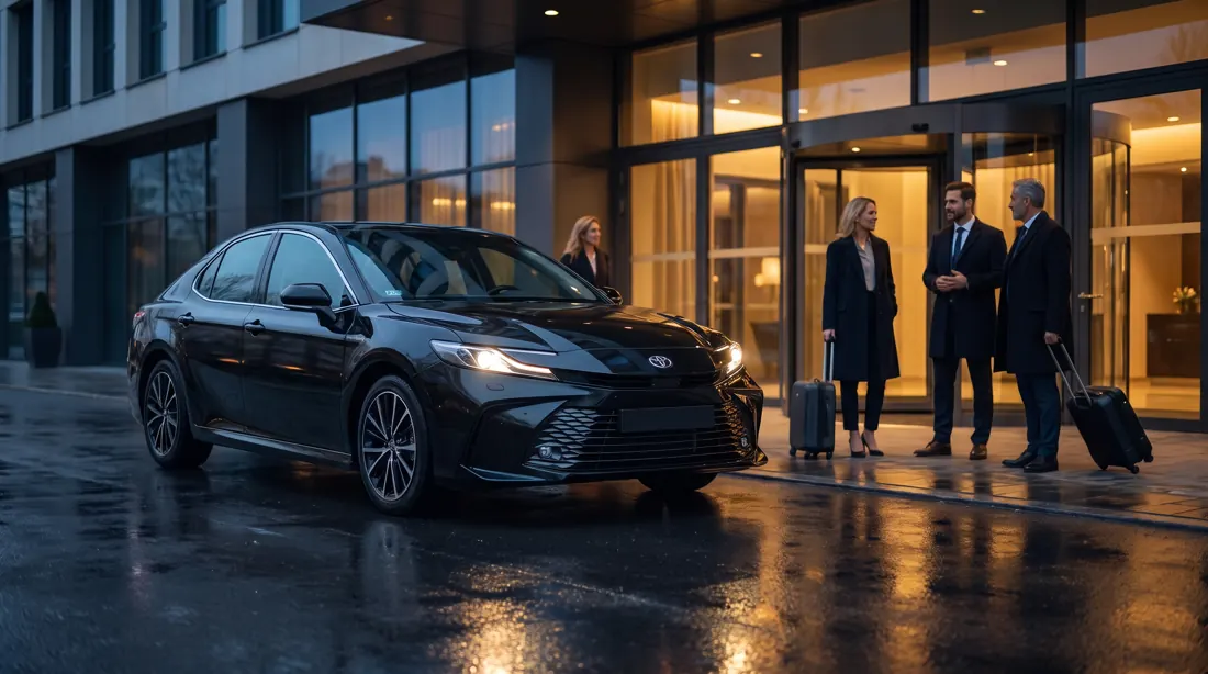 Toyota Camry przed halą przylotów, podróżni z walizkami