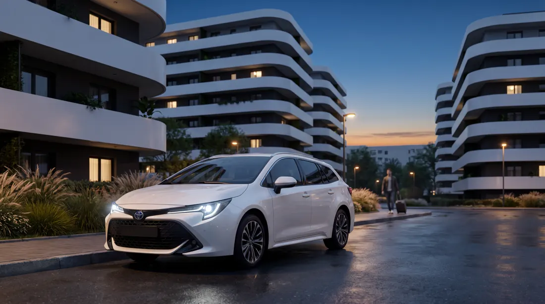 Biała Toyota Corolla kombi przed osiedlem o świcie