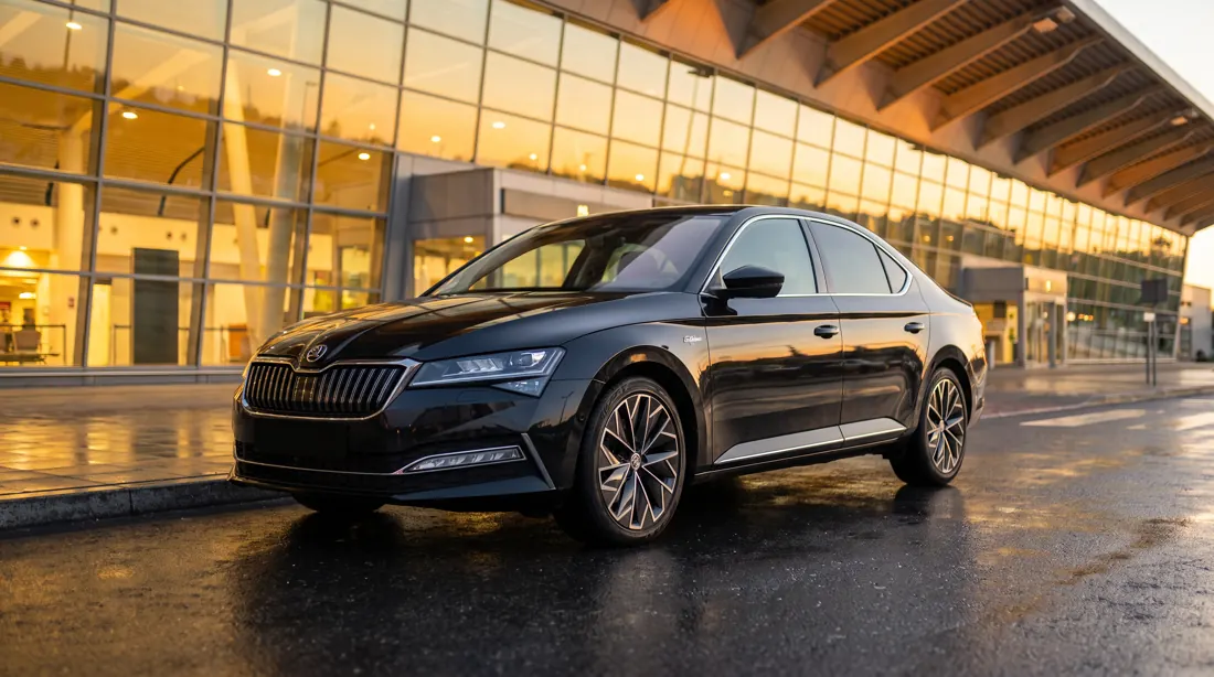 Czarna Škoda Superb Laurin & Klement przed terminalem lotniska