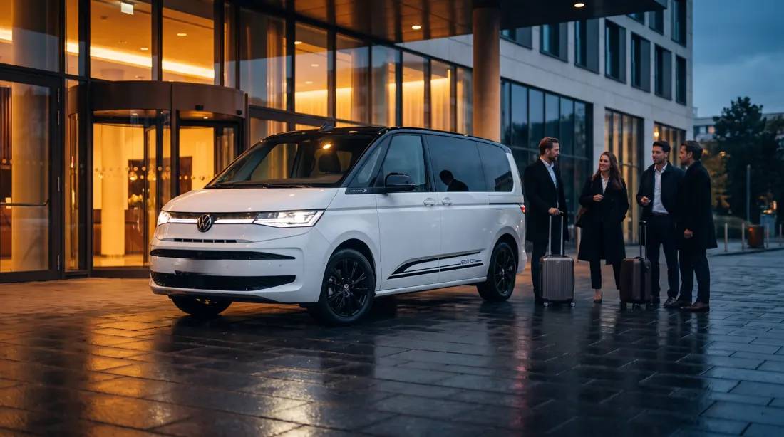 Van przed wejściem do hotelu o zmierzchu, pasażerowie z walizkami